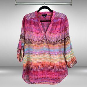 AB Studio Bright Pink Multi Colored Sheer Top with Camisole, 3/4 Roll-up Sleeves
